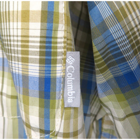 Columbia Men's Long Sleeve Plaid Nylon Button Shirt White Blue Green - Size M - Picture 10 of 12